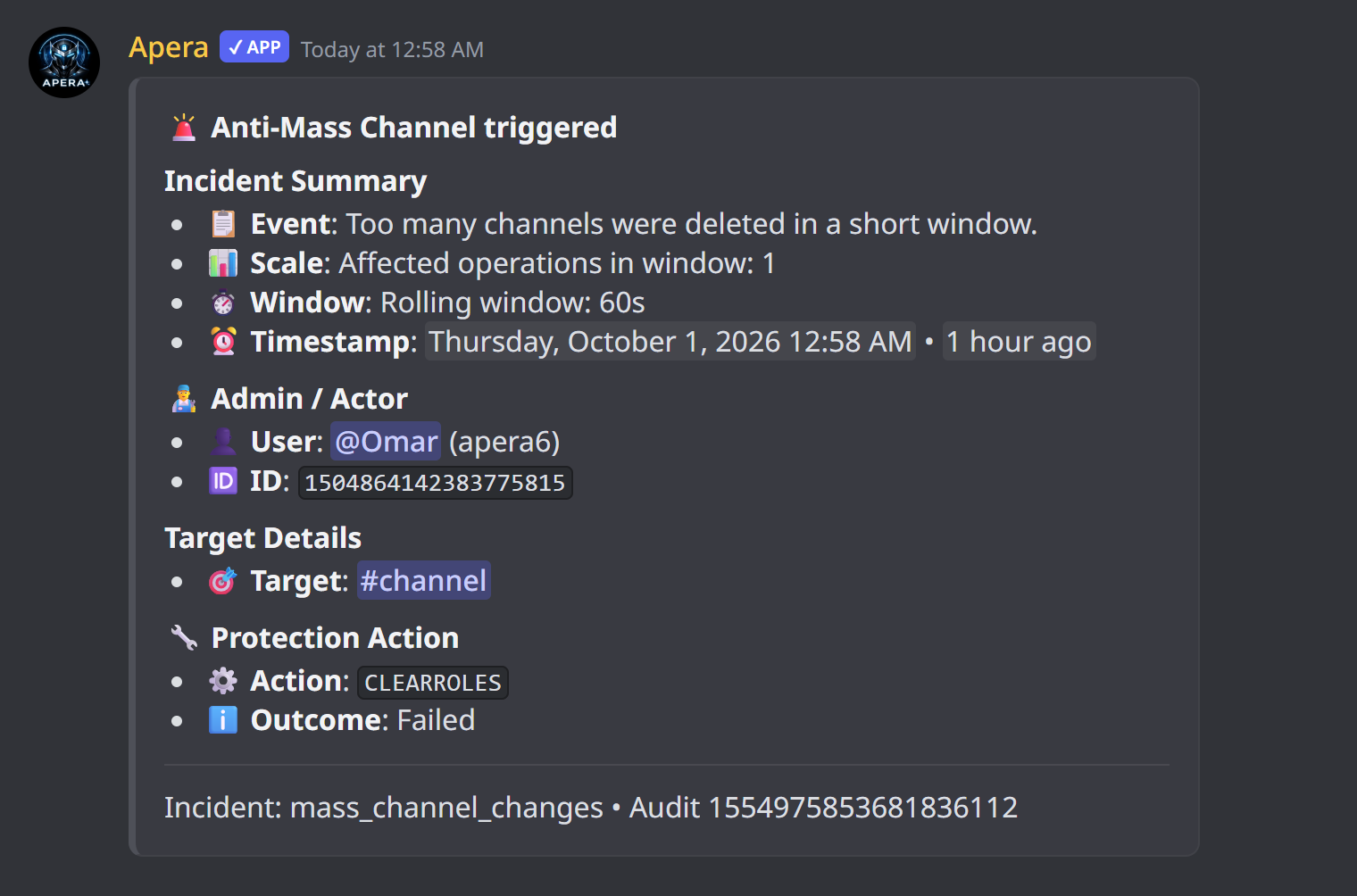 An attacker caught: roles removed and the incident logged