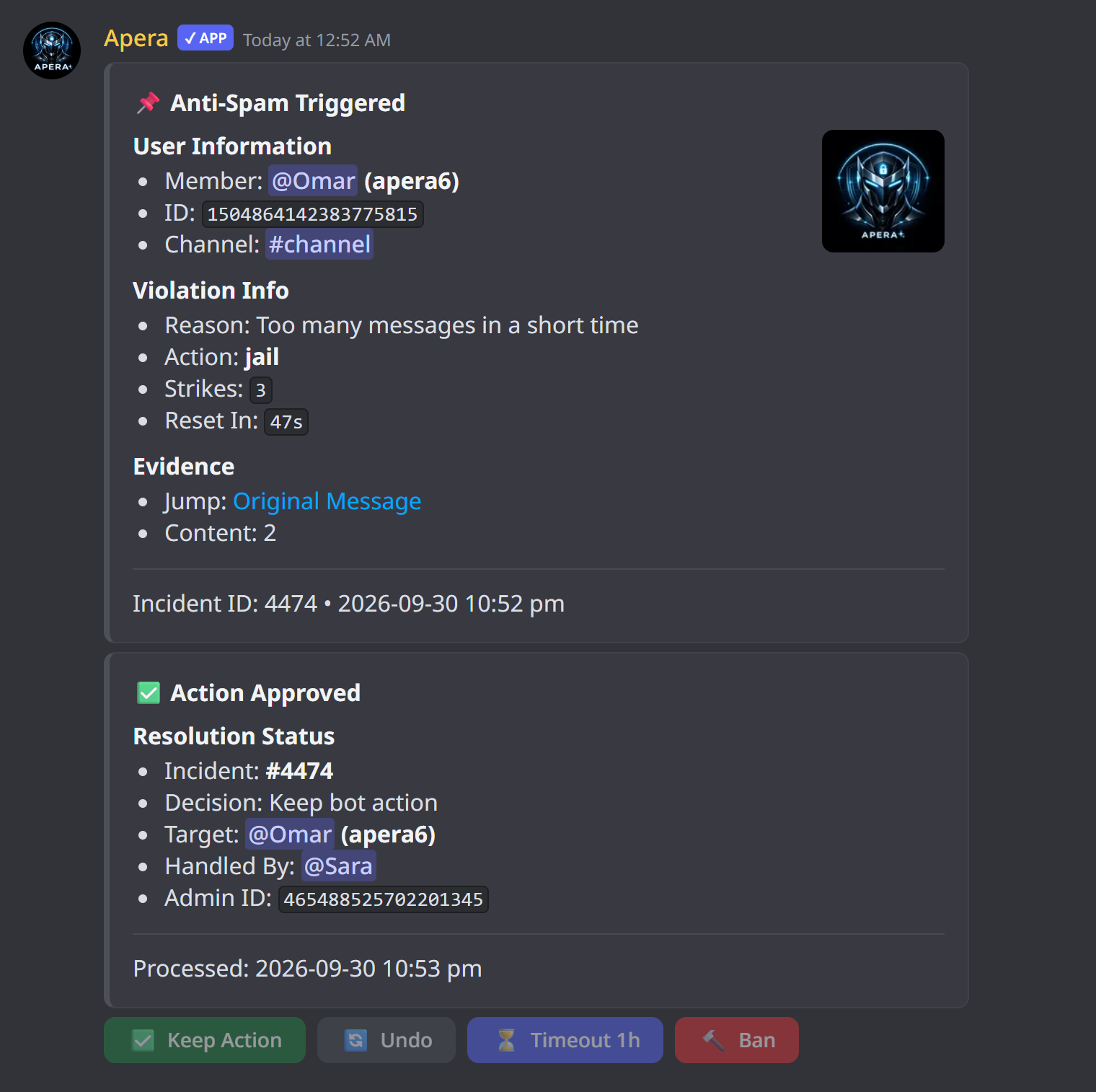 Anti-spam strike cards in a channel