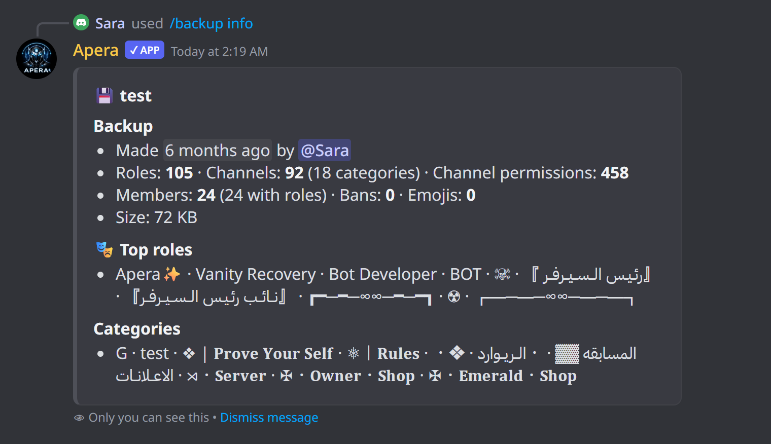 What /backup looks like in Discord