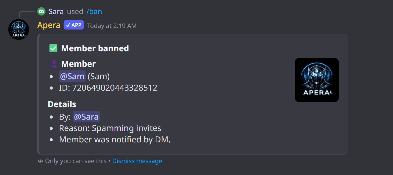 What /ban looks like in Discord