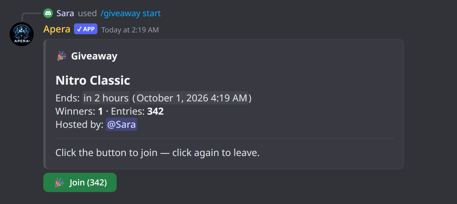What /giveaway looks like in Discord