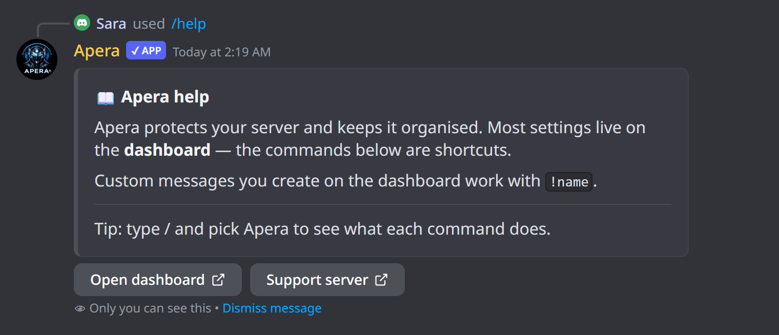 What /help looks like in Discord
