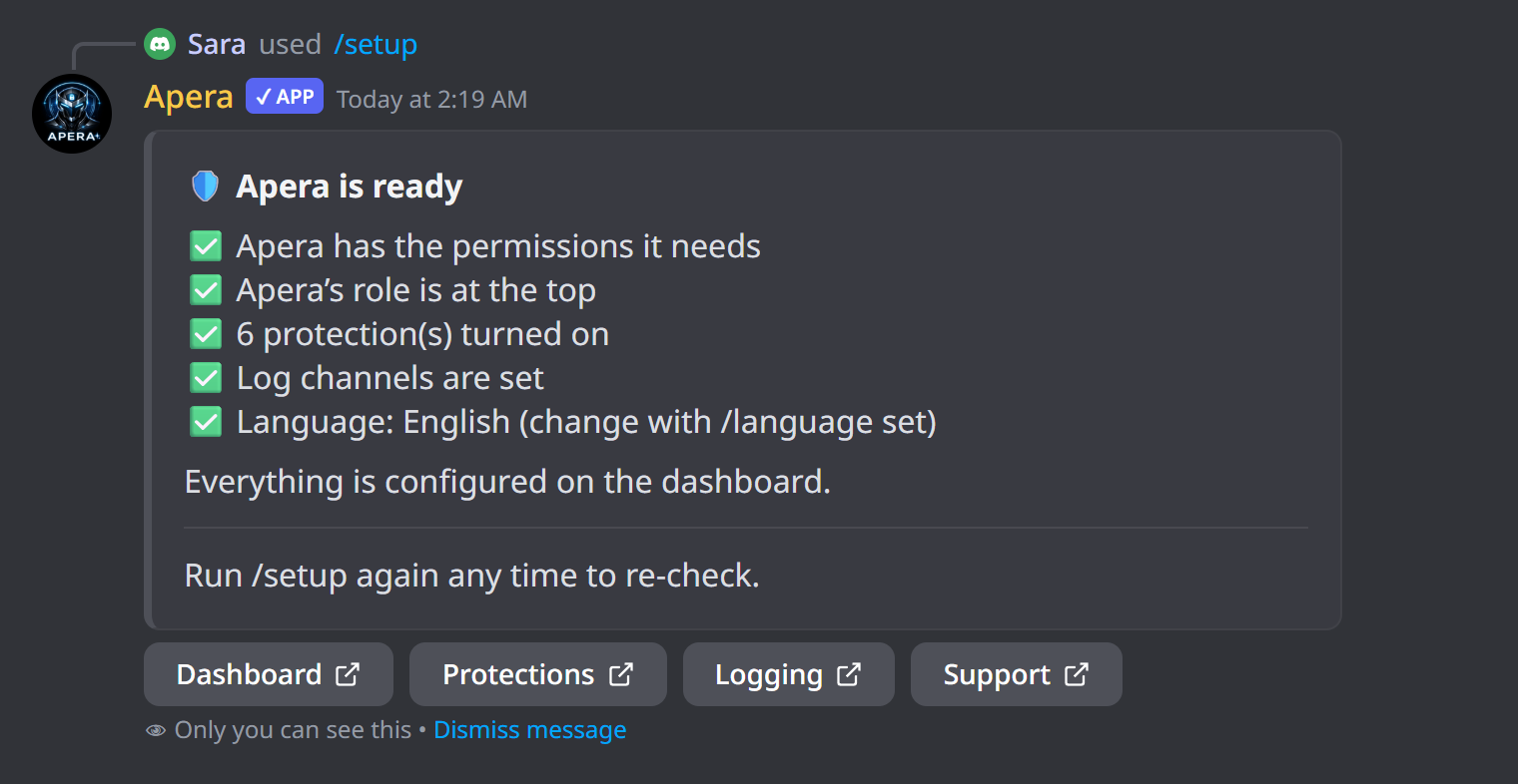 The /setup checklist in Discord