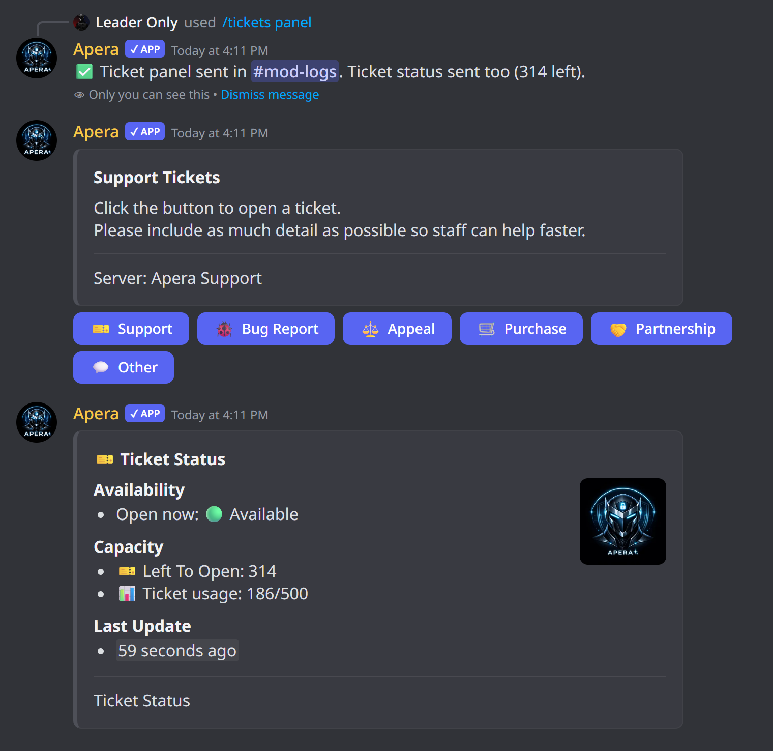 Üyelerin tıkladığı ticket paneli