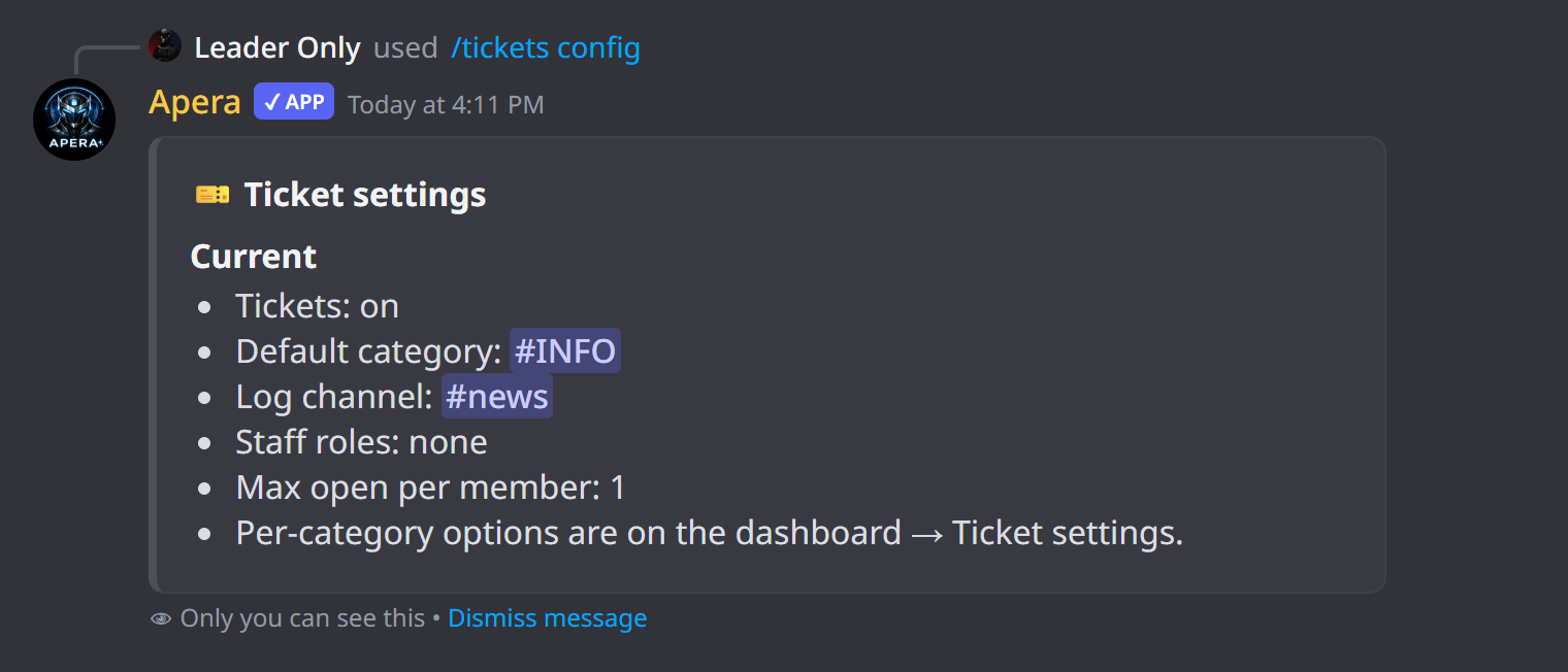 /tickets config shows the current setup