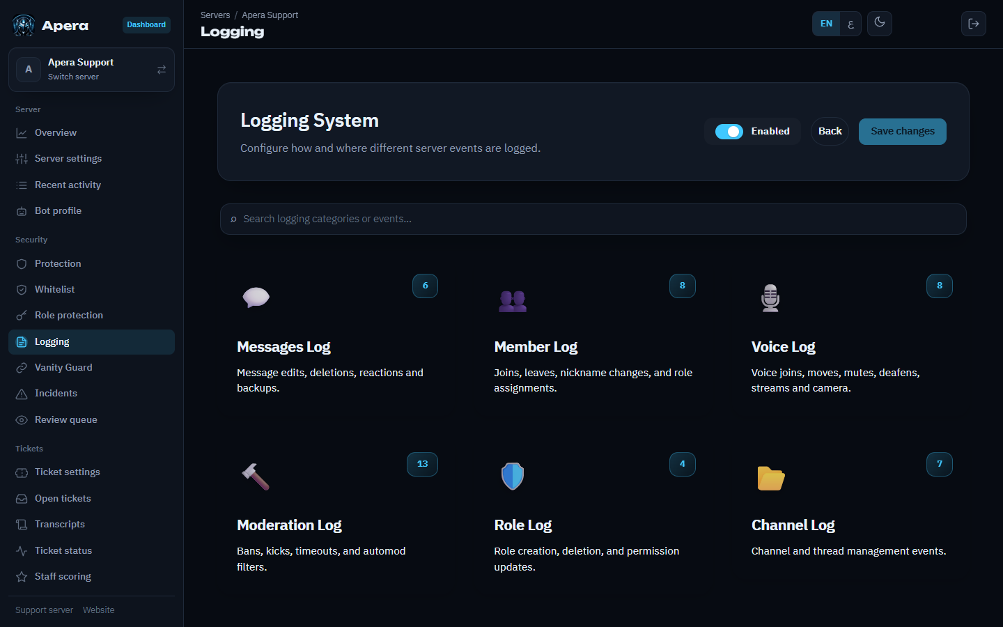 The Logging page