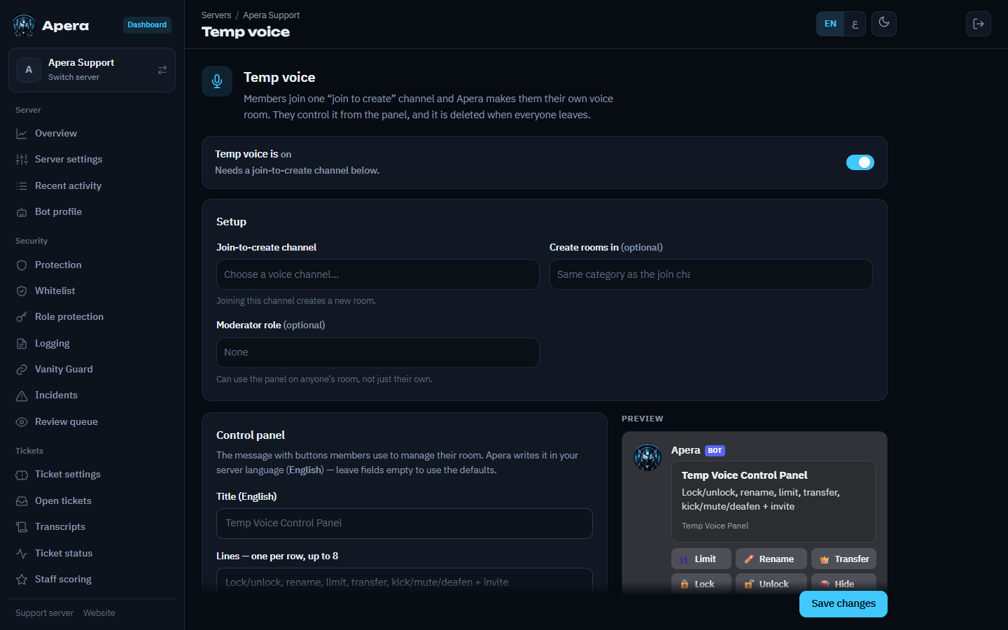 The Temp voice page: pick the buttons and their emojis