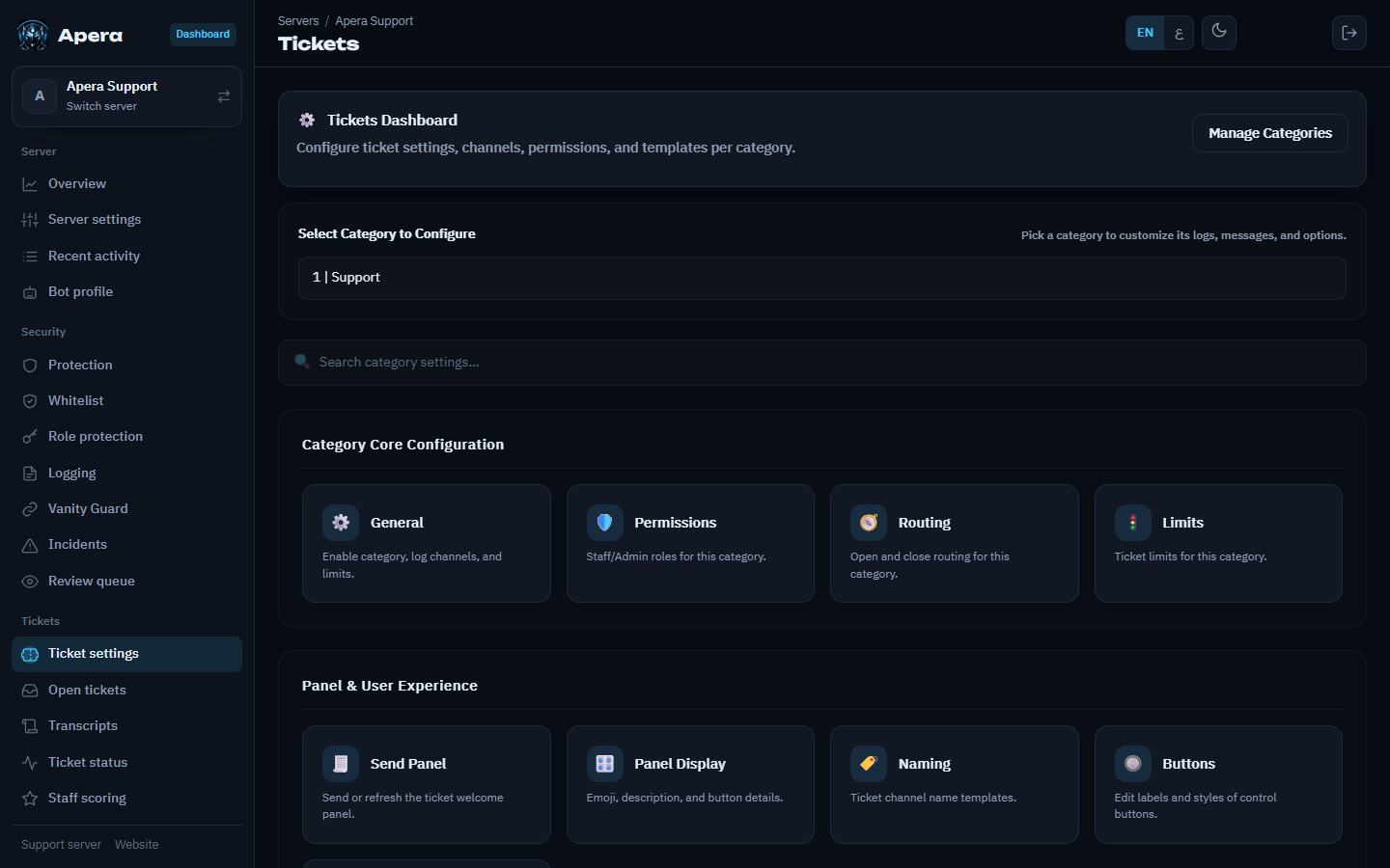 Ticket settings on the dashboard